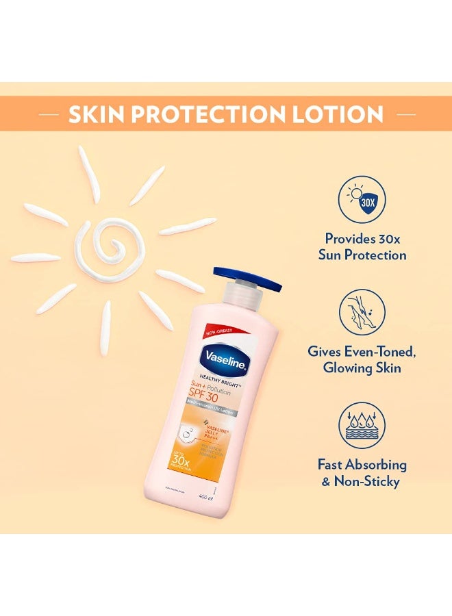 فازلين لوشن فازلين هيلثي برايت للحماية من الشمس للجسم بعامل حماية 30، 400 مل، مرطب يومي للبشرة الجافة، يمنح البشرة إشراقة غير دهنية - للرجال والنساء (عبوة من قطعتين) - Image 2